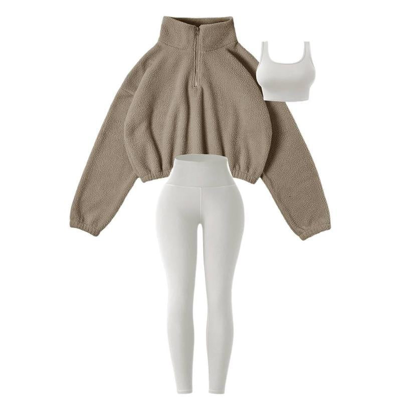 Amoyer 3-Piece Tracksuit Set for Women, Fleece-Lined Zip Jacket + Top + High-Waist Pants, Cozy Winter Activewear for Gym, Running, Travel