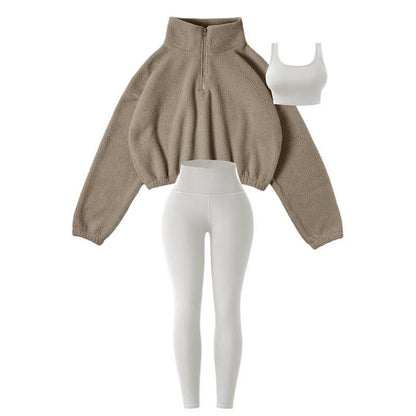 Amoyer 3-Piece Tracksuit Set for Women, Fleece-Lined Zip Jacket + Top + High-Waist Pants, Cozy Winter Activewear for Gym, Running, Travel